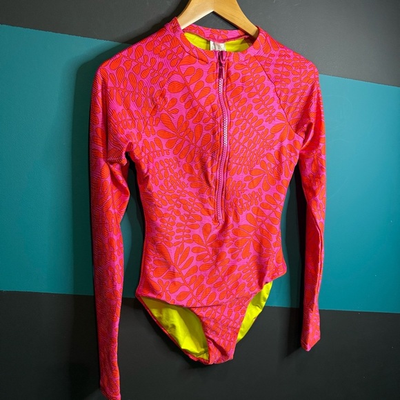 Pink and Orange Long Sleeve One Piece Swimsuit - Picture 5 of 14